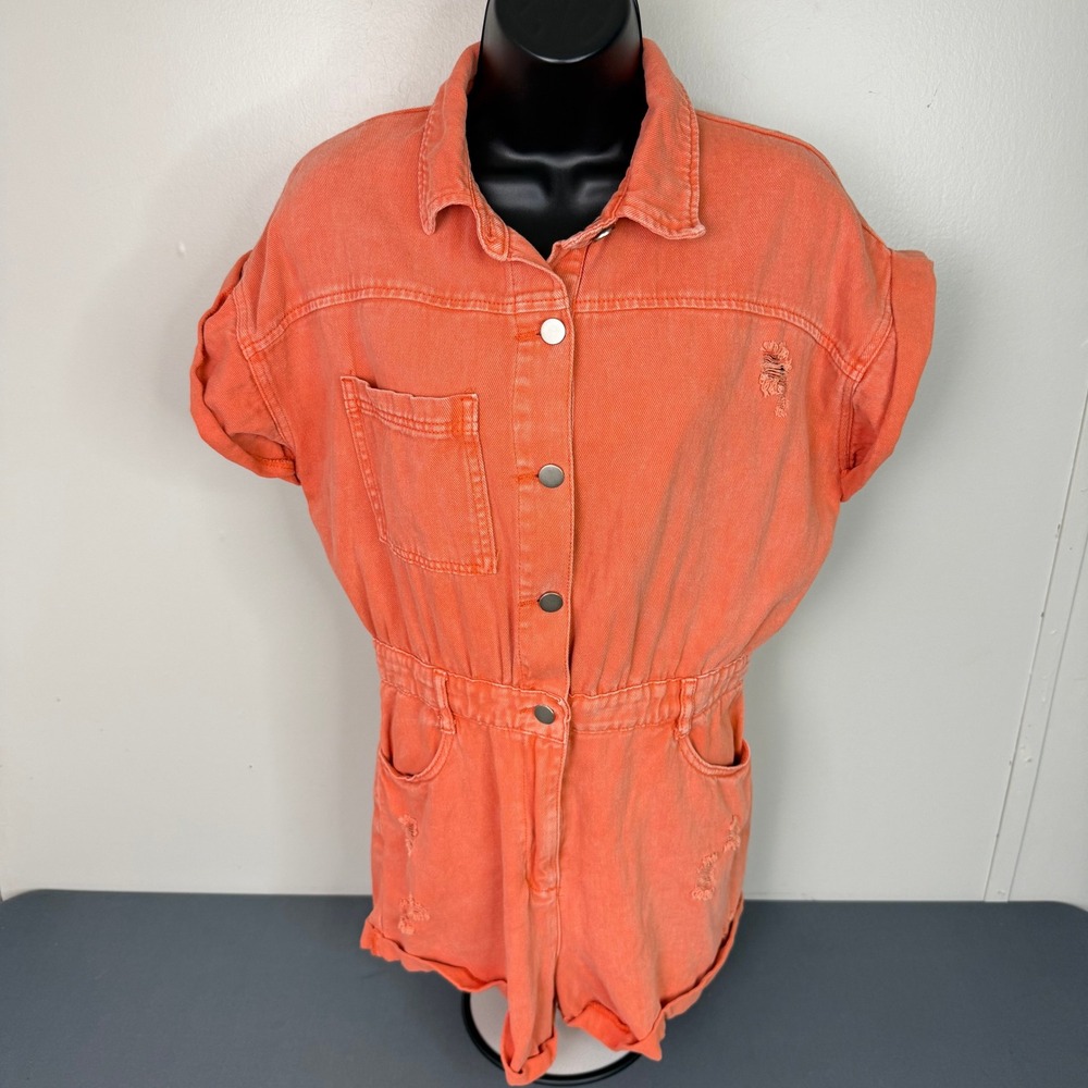 Day + Moon Romper Womens M Orange Denim Utility Distressed Short Sleeve Button